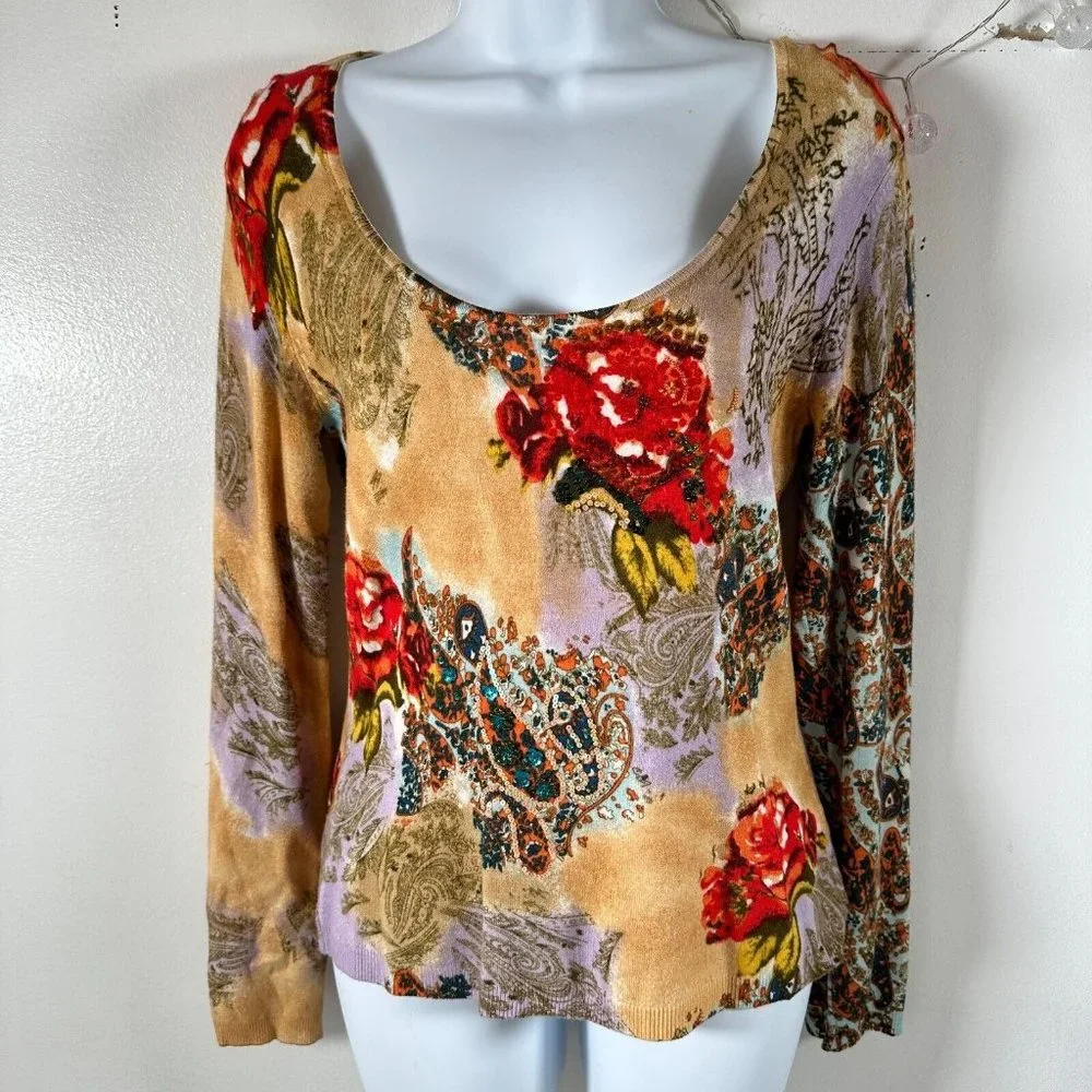 Vintage Y2K Newport News Womens Top Sweater Medium Floral Scoop Neck Sequin - Picture 1 of 14